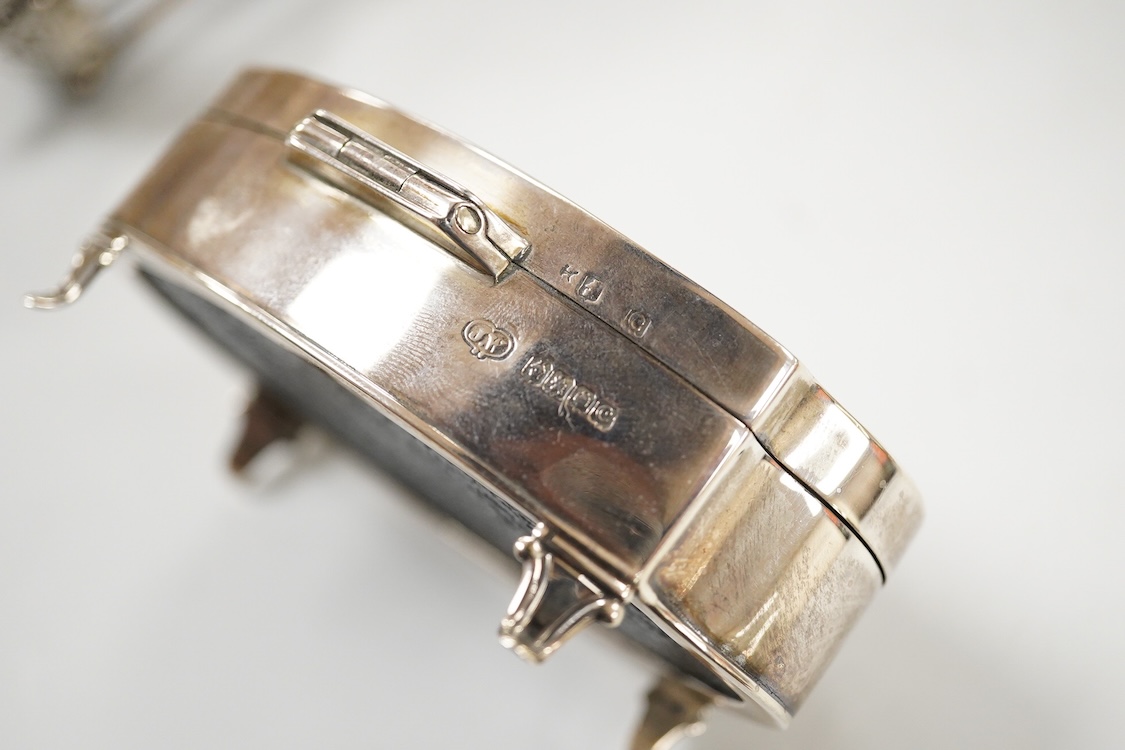 A George V engraved silver rectangular tea caddy, by Nathan & Hayes, Chester, 1913, 81mm, together with an Edwardian repousse silver mounted ring box by Nathan & Hayes, Chester, 1905, a Scottish silver and tortoiseshell